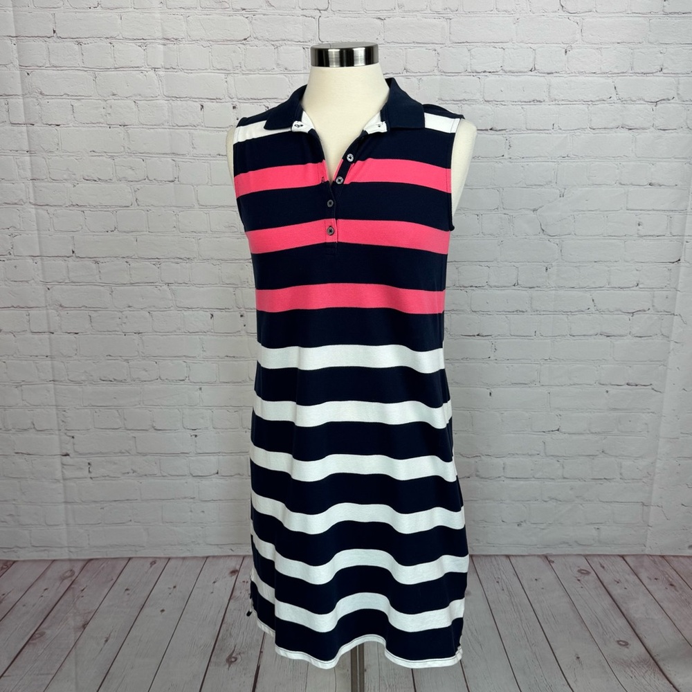 Lands' End Navy/Rose Petal/White Striped Sleeveless Polo Dress Small